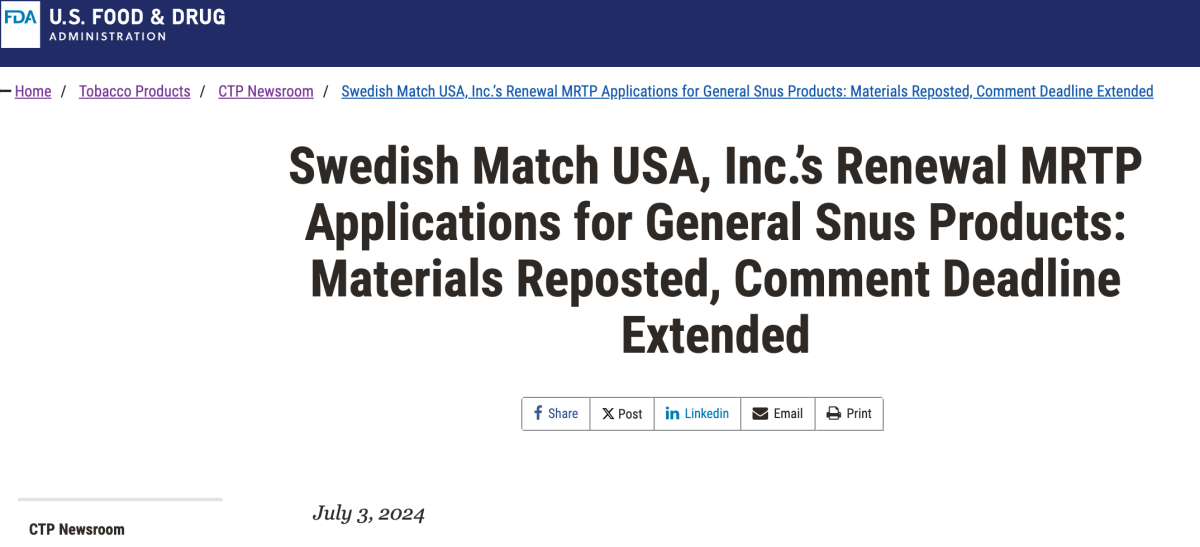 美國FDA重新發(fā)布瑞典火柴General Snus申請文件 延長評論期以聽取公眾意見