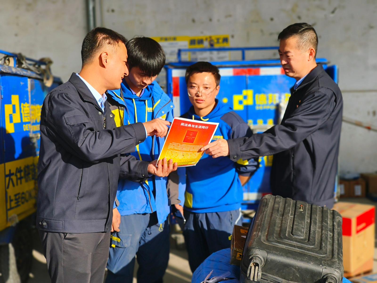 圖為執(zhí)法人員向快遞站工作人員講解卷煙寄遞標準