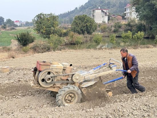 圖為安?？h當?shù)責熮r(nóng)正在使用自走式旋耕起壟機